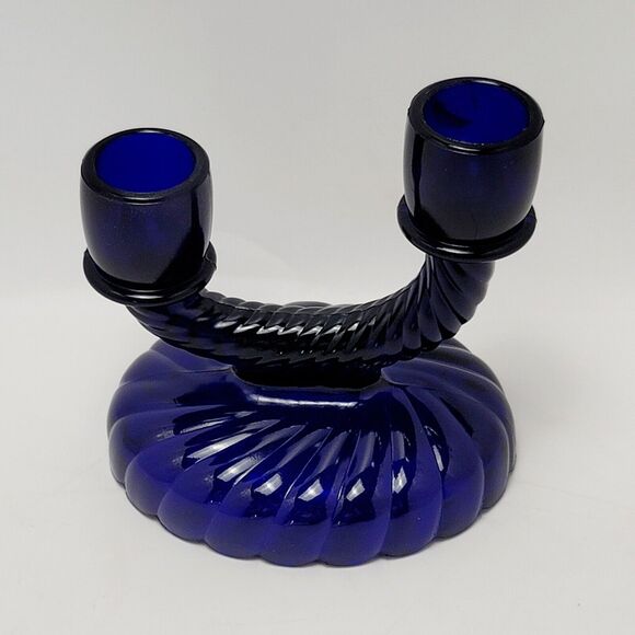 Imperial Glass Cobalt Blue Swirl Pattern Double Candle Stick Holder 1 Pc - Picture 7 of 8